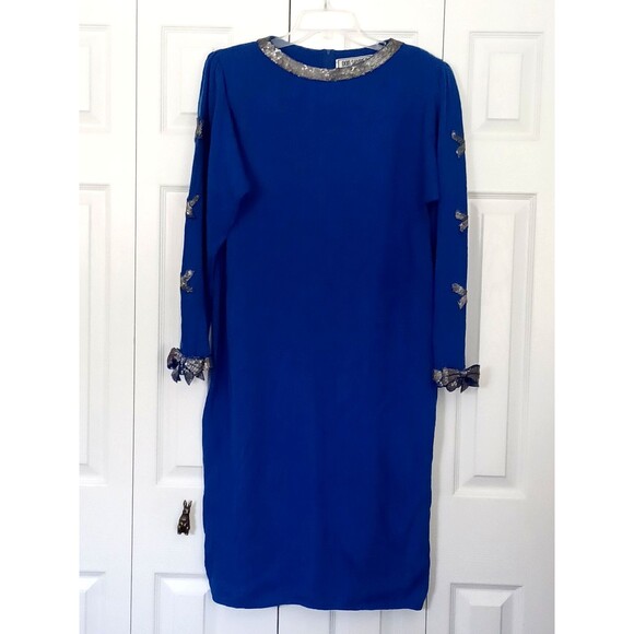 VINTAGE DON SAYERS For WELLMORE Blue Beaded 3D Bows On Sleeves SWEATER DRESS 12 - Picture 1 of 13